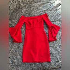 Red Off-Shoulder Dress with Trumpet Sleeves